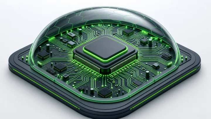 Isometrische Illustration: Mikrochip unter einer Schutzkuppel mit grünen Leiterbahnen
