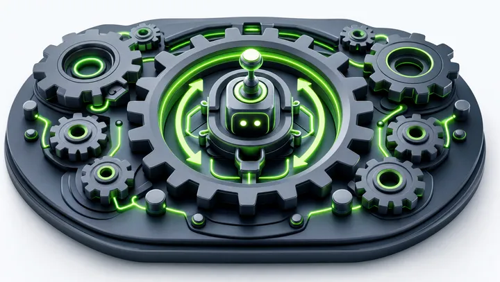 Isometrische Illustration: automatisierter Workflow mit Zahnrädern, Roboterknoten und Prozesspfeilen